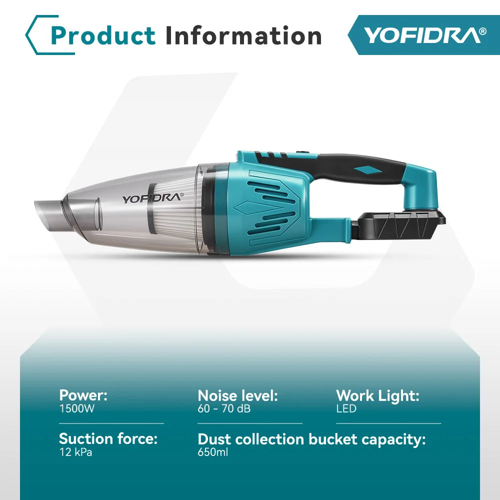 YOFIDRA 1500W 12KPA Electric Vacuum Cleaner 4IN1 Wireless Vacuum Home Car Cleaning Tools with 3pcs Filter For Makita Battery Pin