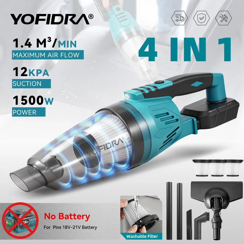 YOFIDRA 1500W 12KPA Electric Vacuum Cleaner 4IN1 Wireless Vacuum Home Car Cleaning Tools with 3pcs Filter For Makita Battery Pin